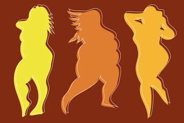 Cute abstract silhouettes of plump ladies in different dance poses. Natural calm colors. Flat and minimal design with offset of white outline. Dynamic and sexy shapes. Motivational and happy mood.