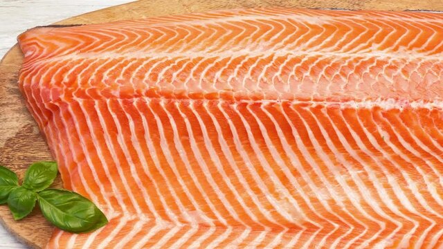 move, macro, basil, background, red, seafood, orange, salmon, slice, steak, trout, raw, close up, cuisine, dinner, fillet, fish, food, footage, fresh, freshness, gourmet, healthy, herb, ingredient, me