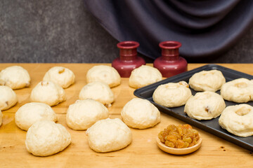 dough blanks. Dough for baking raisin buns. Homemade food.