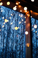 Window overlooking the winter forest in Christmas lights.