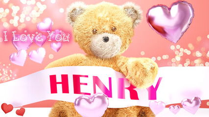 I love you Henry - cute and sweet teddy bear on a wedding, Valentine's or just to say I love you pink celebration card, joyful, happy party style with glitter and red and pink hearts, 3d illustration