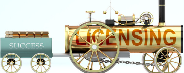Licensing and success - symbolized by a steam car pulling a success wagon loaded with gold bars to show that Licensing is essential for prosperity and success in life, 3d illustration