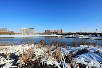 Natural scenery after winter snow in a park in North China