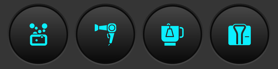 Set Bar of soap, Hair dryer, Cup tea with tea bag and Bathrobe icon. Vector.
