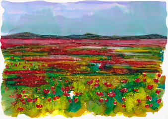 Poppy poppies field painting, landscape in alcohol inks