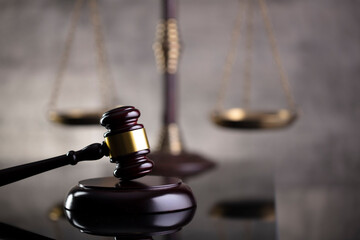 Law and justice concept. Law symbols composition: judge’s gavel and scale.