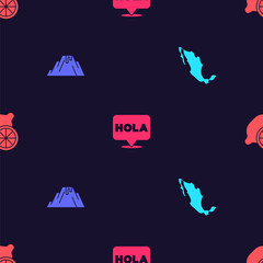 Set Map of mexican, Volcano eruption with lava, Hola and Lemon on seamless pattern. Vector.