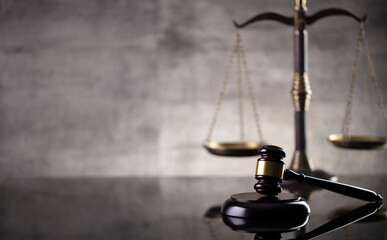 Law and justice concept. Law symbols composition: judge’s gavel and scale.
