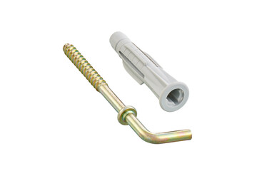 Plastic expansion plug with zinc plated steel hook L type, isolated, photo stacking