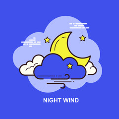 Fototapeta na wymiar night wind with beautiful yellow half moon stars and blue white clouds flat concept design 