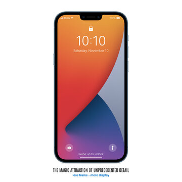 smartphone frameless blue color with colorful screen saver front view isolated on white background. mockup of realistic and detailed new mobile phone with shadow. stock vector illustration