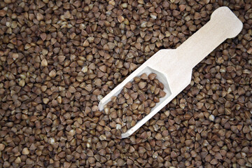 Wooden spoon on a background from buckwheat.