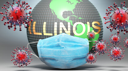 Illinois and covid - Earth globe protected with a blue mask against attacking corona viruses to show the relation between Illinois and current events, 3d illustration