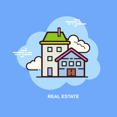 Real estate house buildings with cloud in blue sky flat concept design