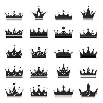 Medieval Royal Crown Queen Monarch King Lord Silhouette Icons Set Isolated Vector Illustration