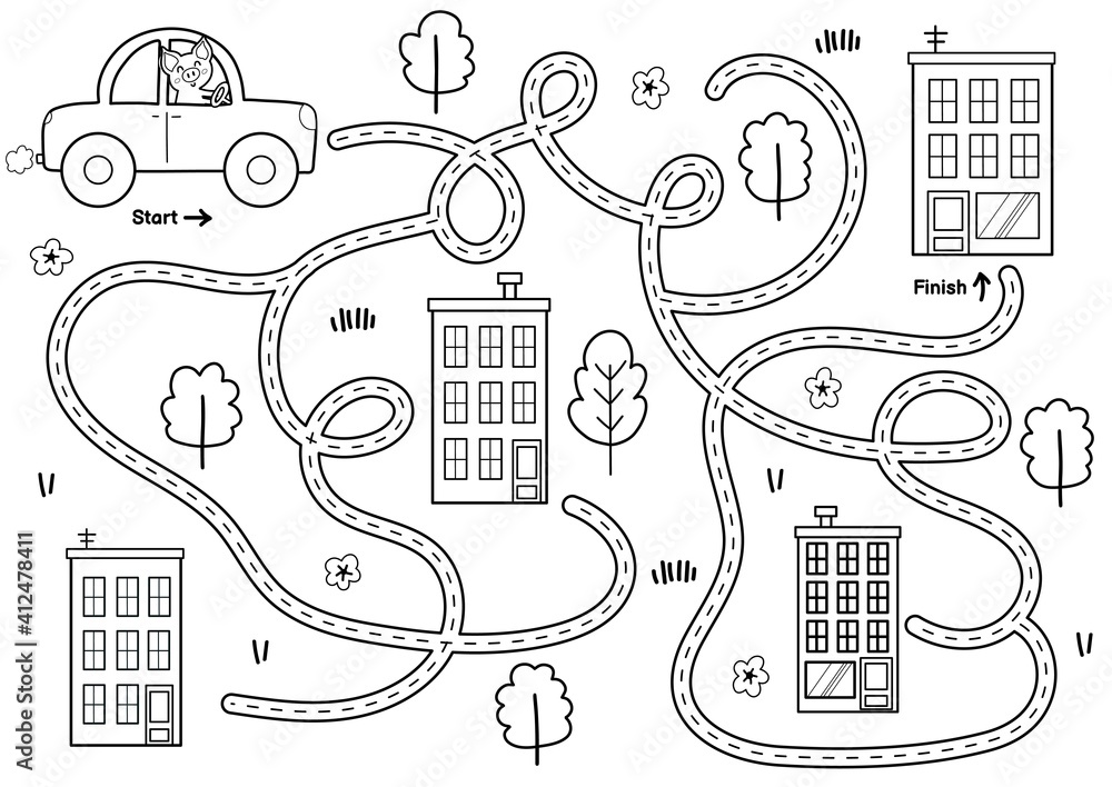 Wall mural black and white maze game for kids. help cute pig find the way to the home. printable labyrinth acti