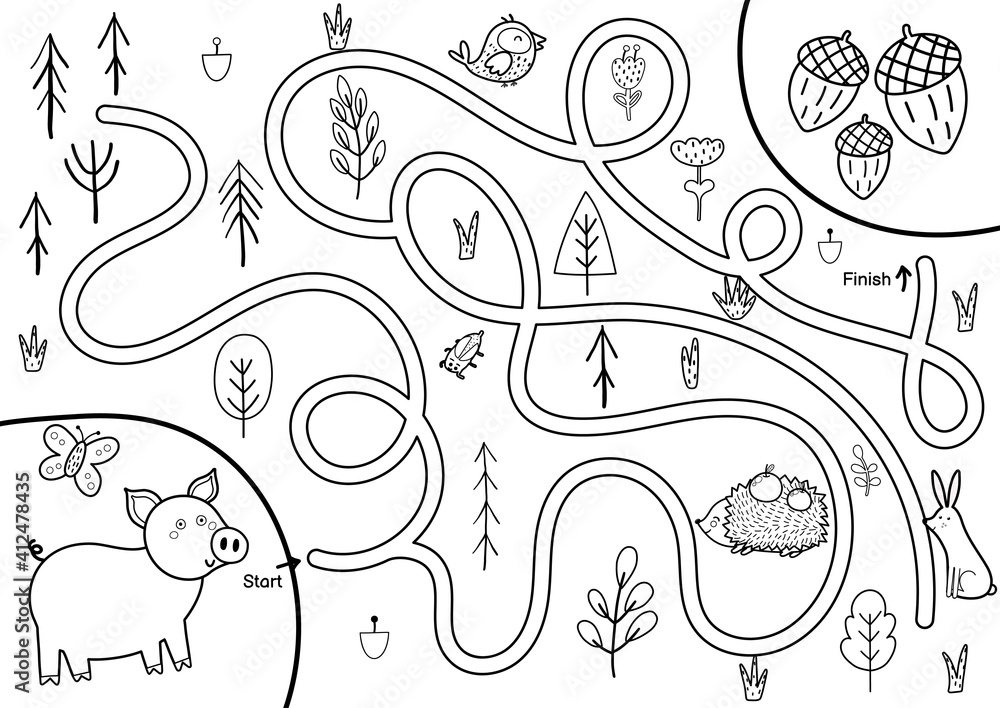 Wall mural black and white maze game for kids. help cute pig find the way to the acorns. printable labyrinth ac