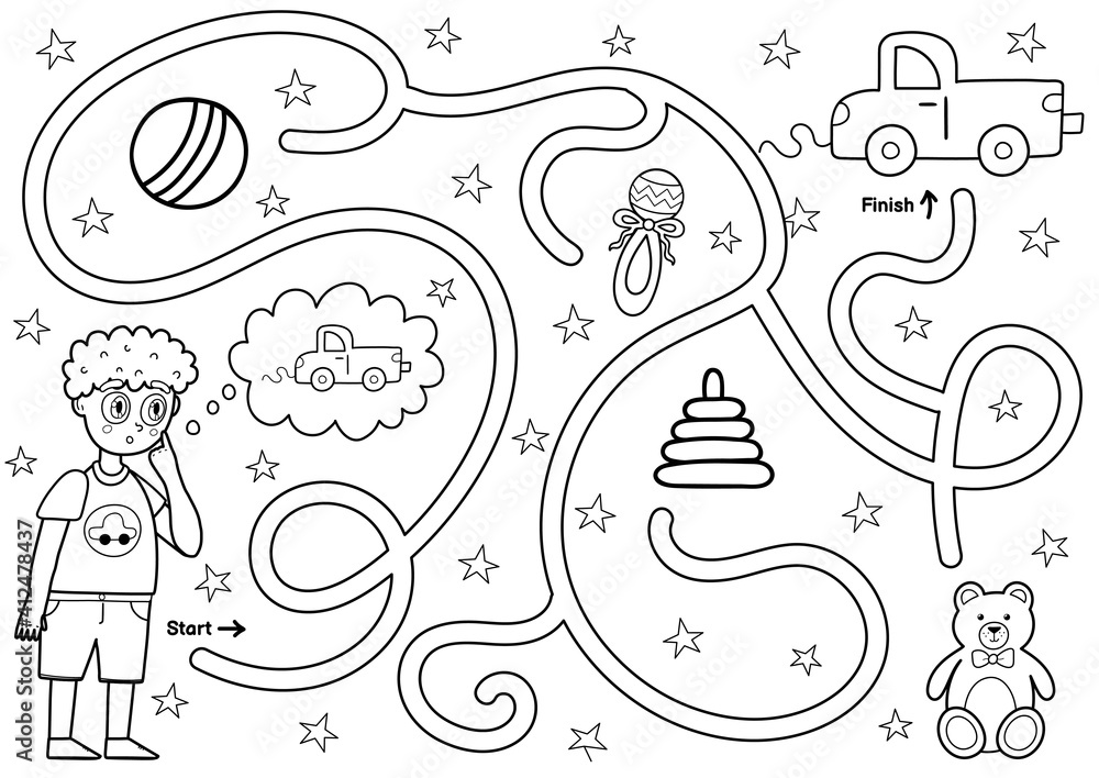 Wall mural black and white maze game for kids. help little boy find the way to toy car. printable labyrinth act