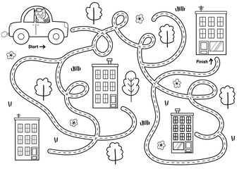 Black and white maze game for kids. Help cute pig find the way to the home. Printable labyrinth activity for children with driving car. Vector illustration