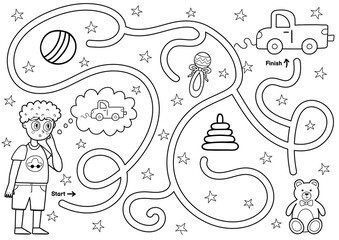 Black and white maze game for kids. Help little boy find the way to toy car. Printable labyrinth activity for children. Vector illustration