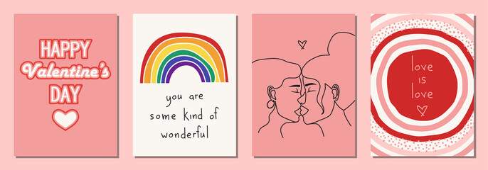 Set of Valentine's Day greeting cards with lgbt elements in modern, trendy colors, vector illustration.