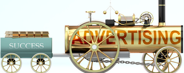 Advertising and success - symbolized by a steam car pulling a success wagon loaded with gold bars to show that Advertising is essential for prosperity and success in life, 3d illustration