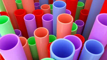 background from multi-colored plastic tubes. 3d render illustration