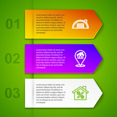 Set line Warehouse, Location with and House percant discount. Business infographic template. Vector.