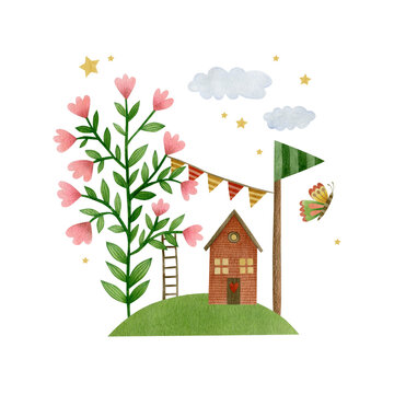 Watercolor illustration of a fairy garden isolated on a white background.