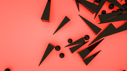 black three-dimensional pyramids are scattered on a pink background. 3d render illustration