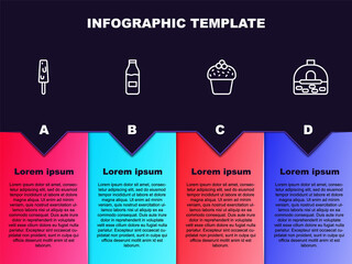 Set line Ice cream, Bottle with milk, Cake and Brick stove. Business infographic template. Vector.