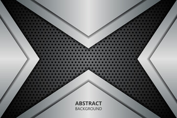 Abstract background with metallic geometric shapes on carbon fiber. Carbon textured pattern with metallic silver arrows.