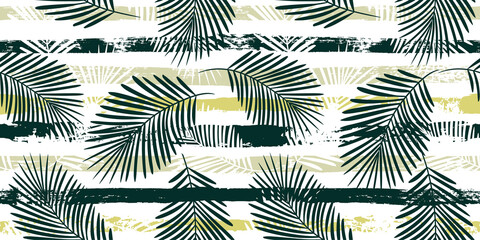 Tropical pattern, palm leaves seamless vector floral background. Exotic plant on green stripes. Summer nature jungle print. Leaves of palm tree on paint lines. brush strokes