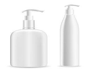 Pump bottle. Soap dispenser mockup, cosmetic lotion bottle blank. Plastic body gel container or cream shampoo packaging product. Intimate care cosmetics batcher bottle mock up