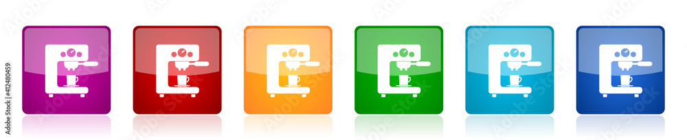 Poster Coffee machine icon set, square glossy vector buttons in 6 colors options for webdesign and mobile applications