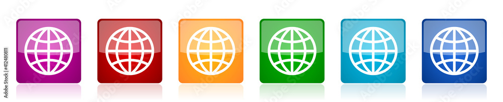 Poster World, globe icon set, square glossy vector buttons in 6 colors options for webdesign and mobile applications
