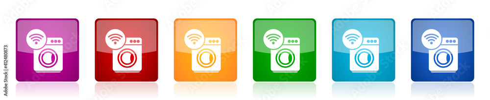 Leinwandbilder washing machine, internet, wifi icon set, square glossy vector buttons in 6 colors options for webde