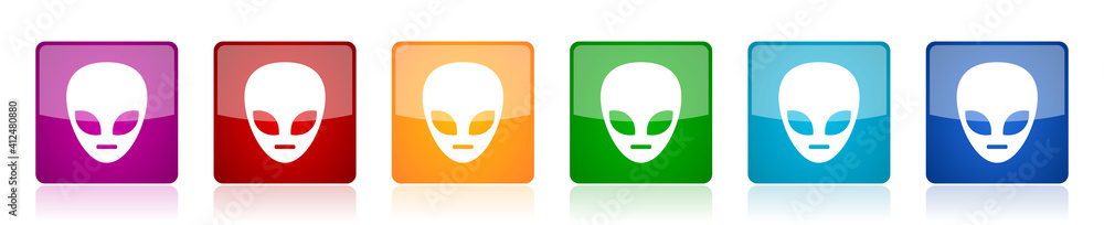 Poster Alien face icon set, square glossy vector buttons in 6 colors options for webdesign and mobile applications