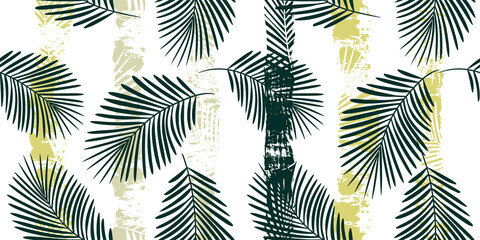 Tropical pattern, palm leaves seamless vector floral background. Exotic plant on green stripes. Summer nature jungle print. Leaves of palm tree on paint lines. brush strokes