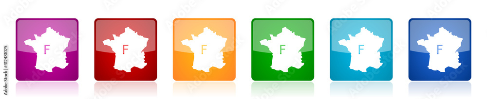 Poster Map of France icon set, square glossy vector buttons in 6 colors options for webdesign and mobile applications