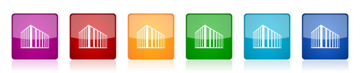 Modern design office building icon set, square glossy vector buttons in 6 colors options for webdesign and mobile applications