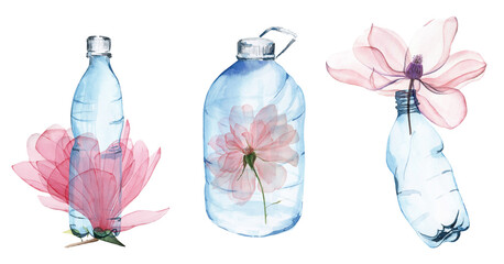 Watercolor plastic bag with flowers. Enviroment pollution poster, Save the ocean, Earth day illustration. Nature and plastic, waste, garbage