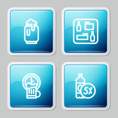 Set line Beer can with foam, menu, Happy hour and bottle icon. Vector.