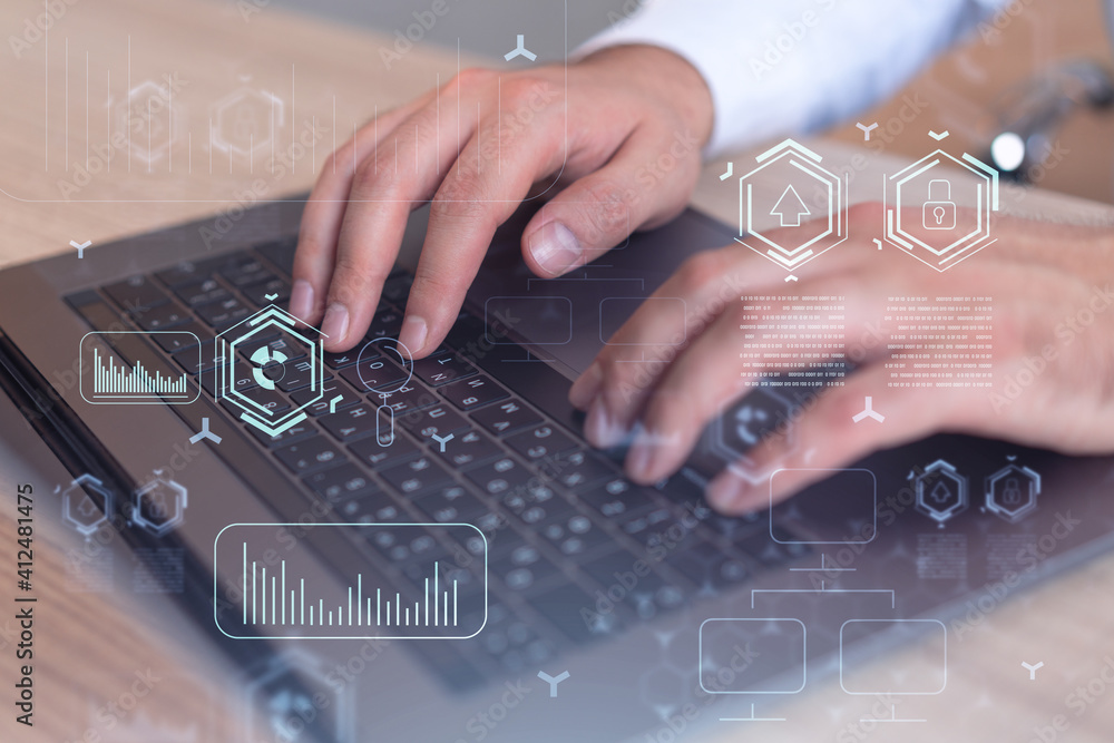 Poster hands typing the keyboard to create innovative software to change the world and provide a completely