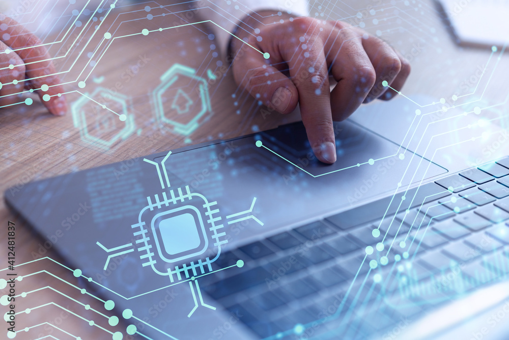 Poster hands typing the keyboard to create innovative software to change the world and provide a completely