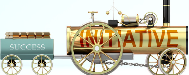 Initiative and success - symbolized by a steam car pulling a success wagon loaded with gold bars to show that Initiative is essential for prosperity and success in life, 3d illustration