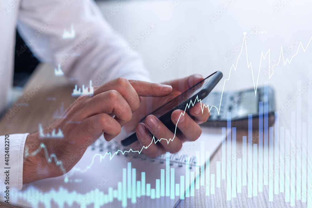 Poster trader holding in the hands a smart phone and researching stock market to proceed right investment s