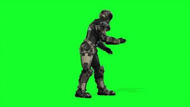 4k animation - robot dancing like robot with Realistic motion and reflections on green screen
