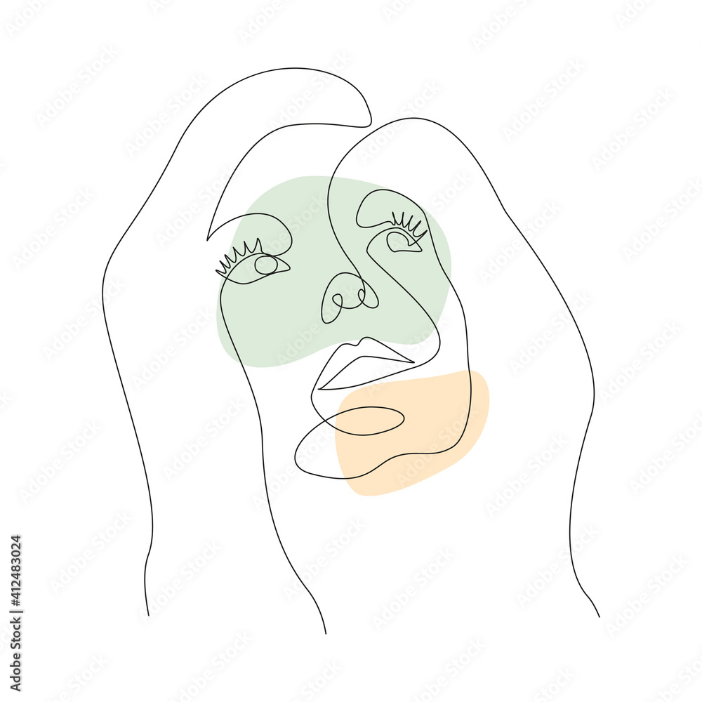 Poster Continuous line drawing Woman's faces with abstact shapes. Minimal style portrait. Vector illustration for t-shirt, slogan design print graphics style