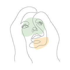 Continuous line drawing Woman's faces with abstact shapes. Minimal style portrait. Vector illustration for t-shirt, slogan design print graphics style